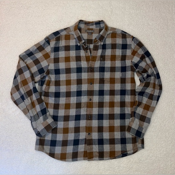 Eddie Bauer Plaid Flannel Button Down Classic Fit Shirt Blue Brown Men’s Large - Picture 1 of 6